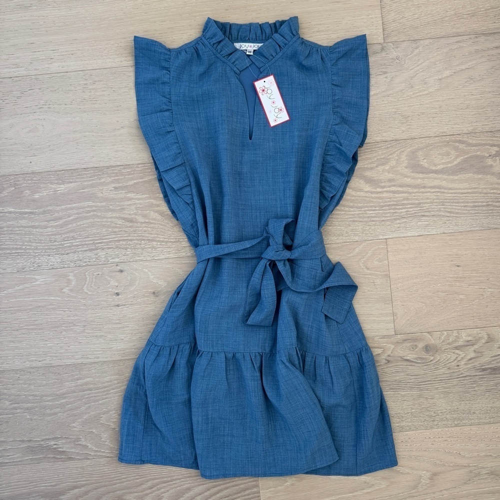 Joy Joy Ruffles Layered Dress Denim with Ruffle Sleeves and Tie Waist XS
